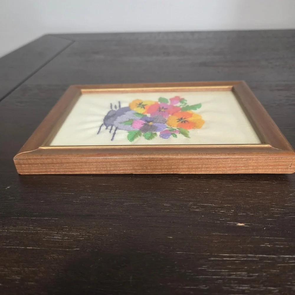 Vintage Framed Hand Embroidered Pansy Floral Needlework Wall Art Cottage Decor